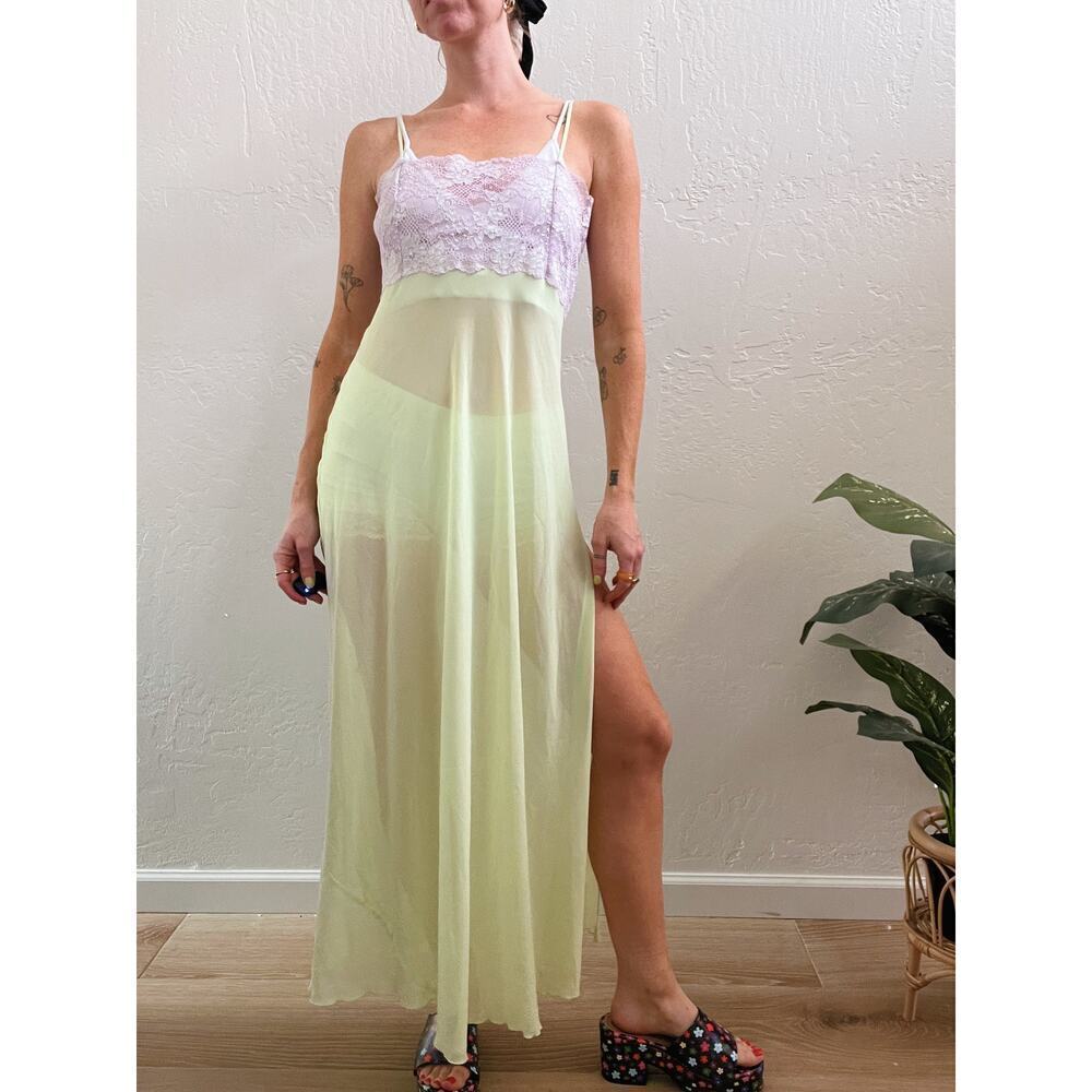Y2K Victoria's Secret Lime Green Lace Maxi Slip Dress w/ Slit - Picture 2 of 7